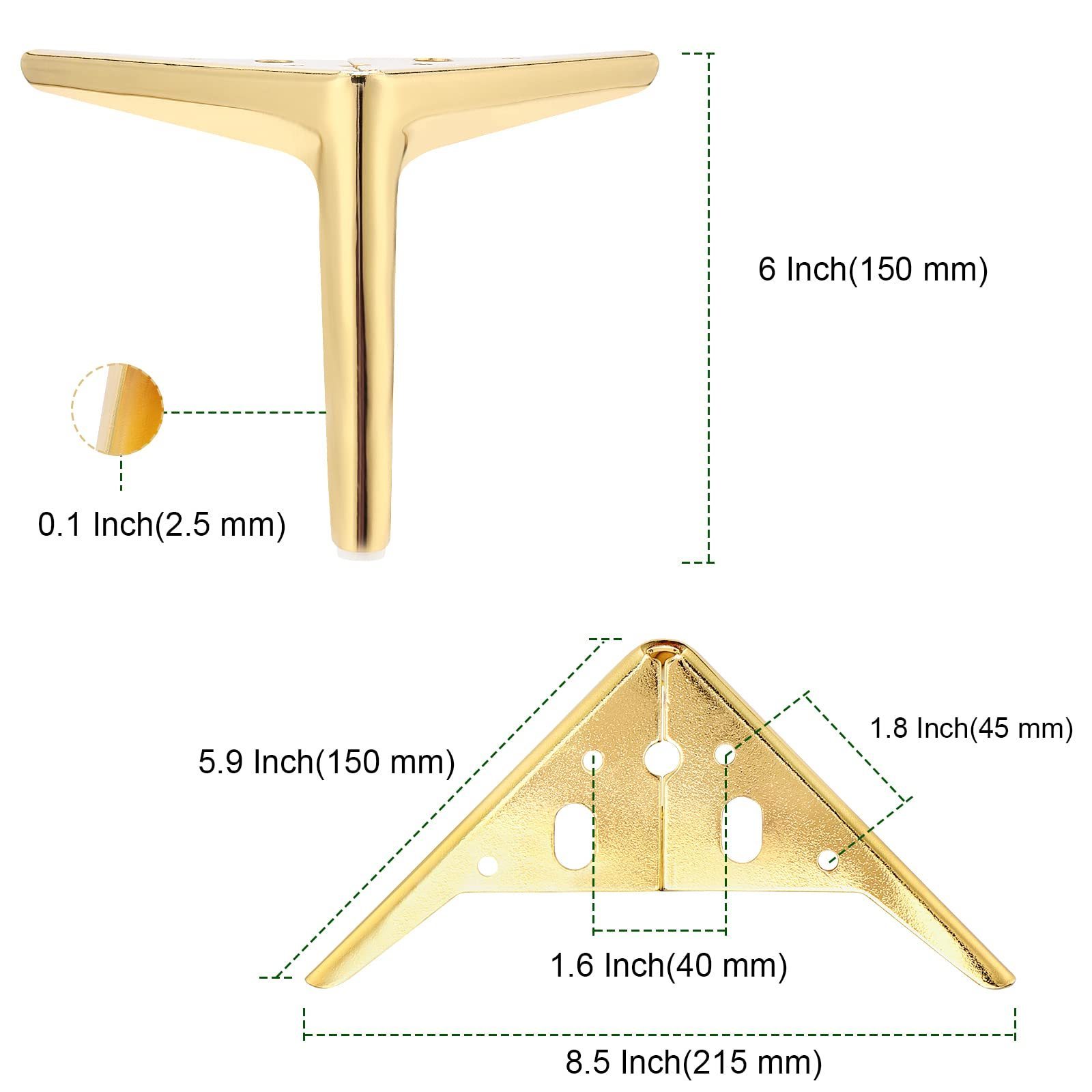 6 Inches Gold Furniture Legs, Triangle Metal Cabinet Legs, Modern Furniture Feet for Cupboard, Sofa, Couch, Chair, Table