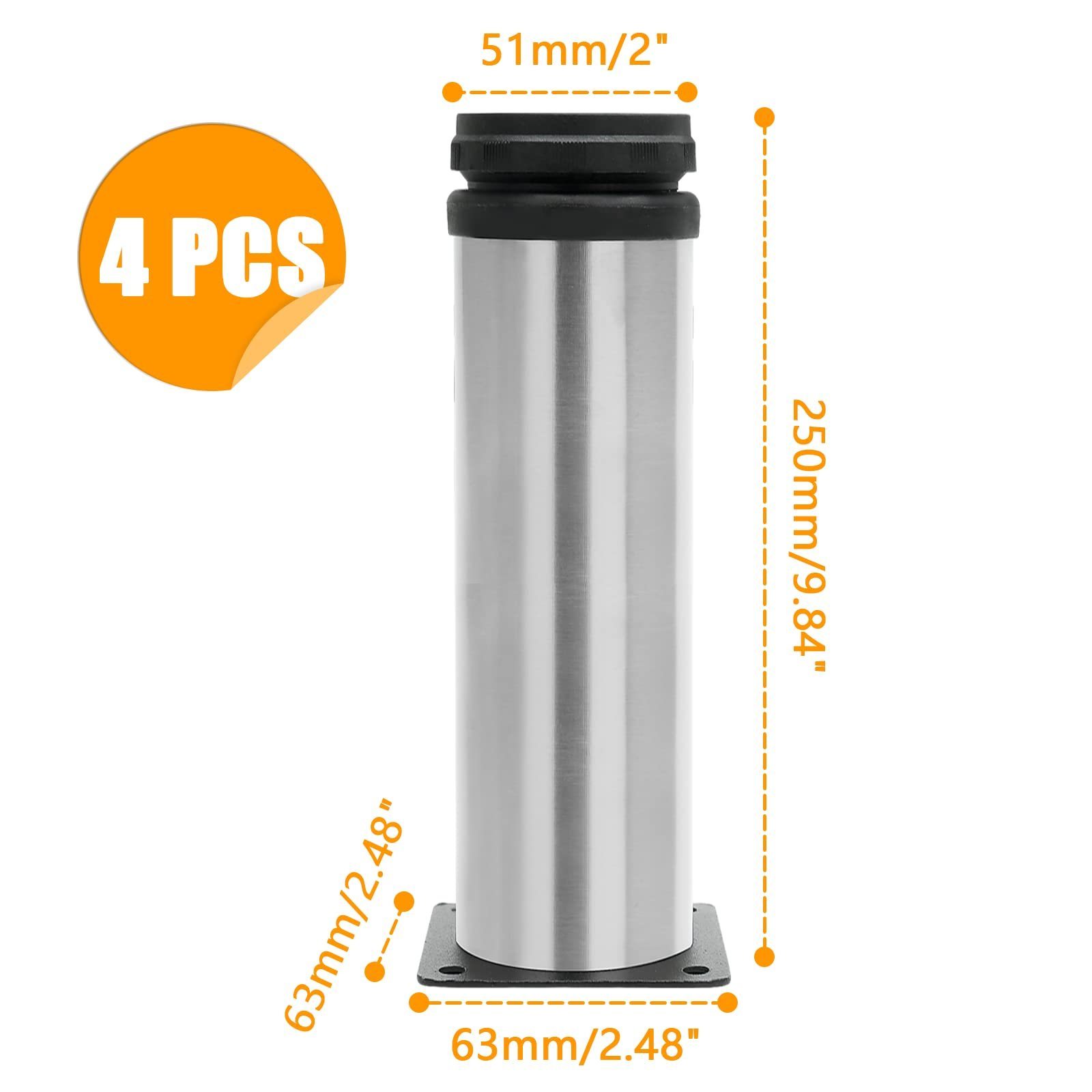 4 Pack 10 Inch Adjustable Cabinet Legs Furniture Legs, Thickened Stainless Steel Round Kitchen Feet for Couch Sofa Table Cabinet