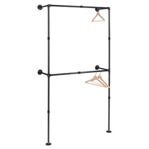 Industrial Iron Pipe Clothes Rack DIY Wall-Mounted Double-layer Garment Coat Hanger Heavy Duty Hanging Rod for Bedroom