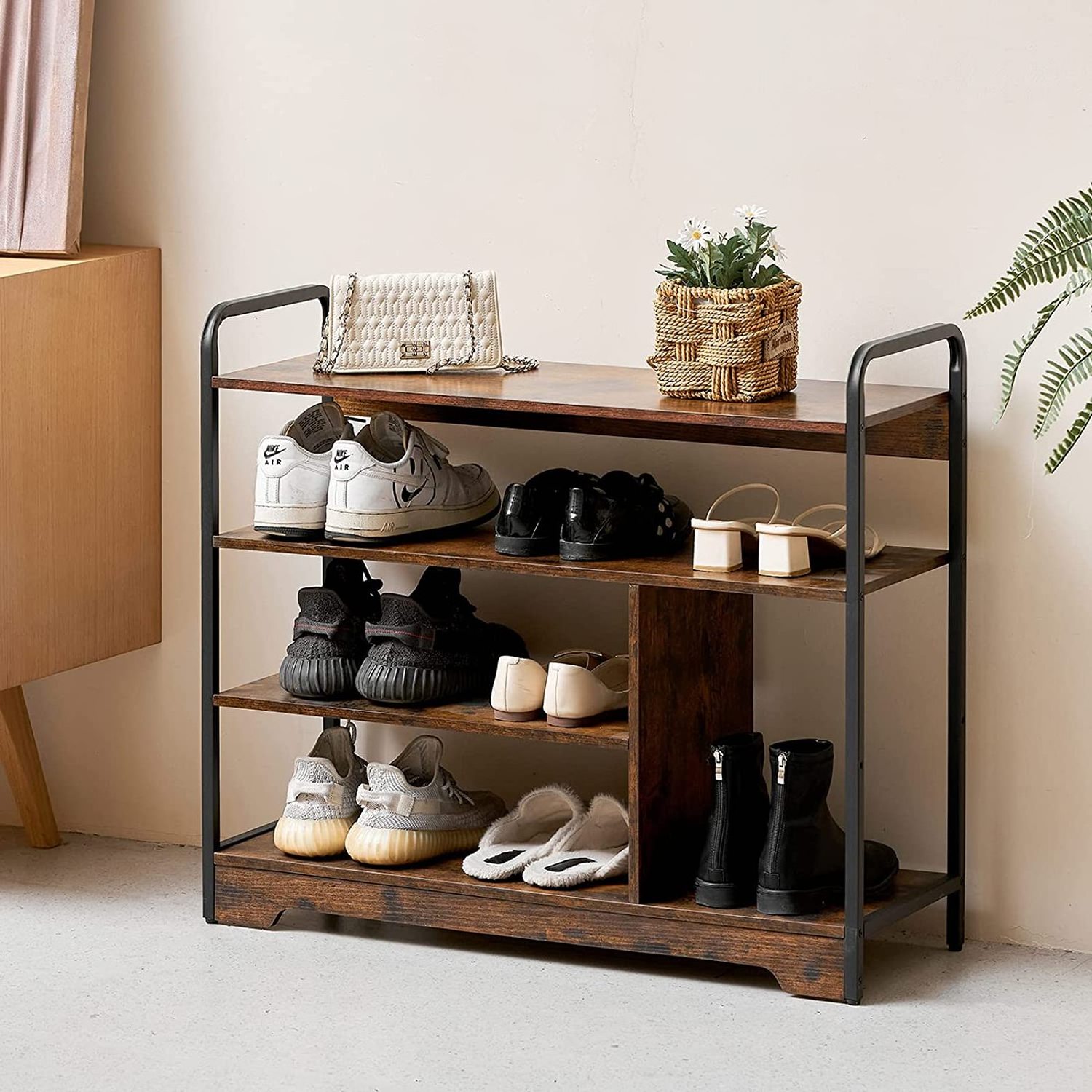 Durable Wooden Metal Legs Shoe Rack 4-Tier Shoe Shelf With Boots Storage For Entryway