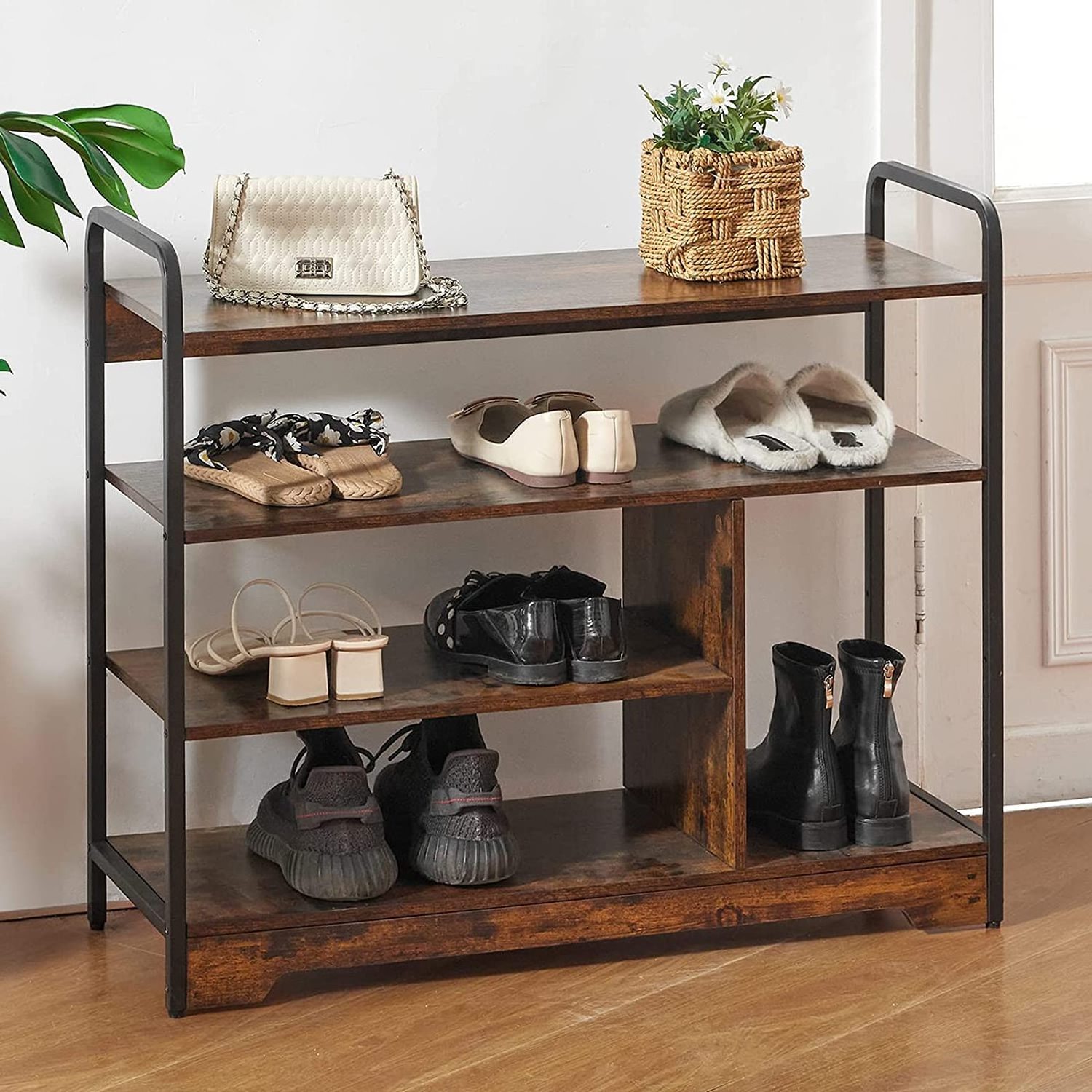 Durable Wooden Metal Legs Shoe Rack 4-Tier Shoe Shelf With Boots Storage For Entryway