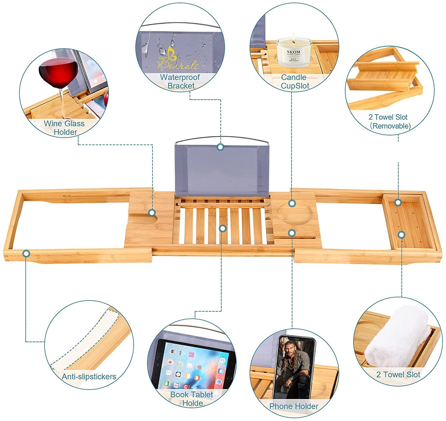 Bamboo Shower Bath Wooden Tray Caddie Bath tray Bamboo Bathtub Caddy With Extending Side