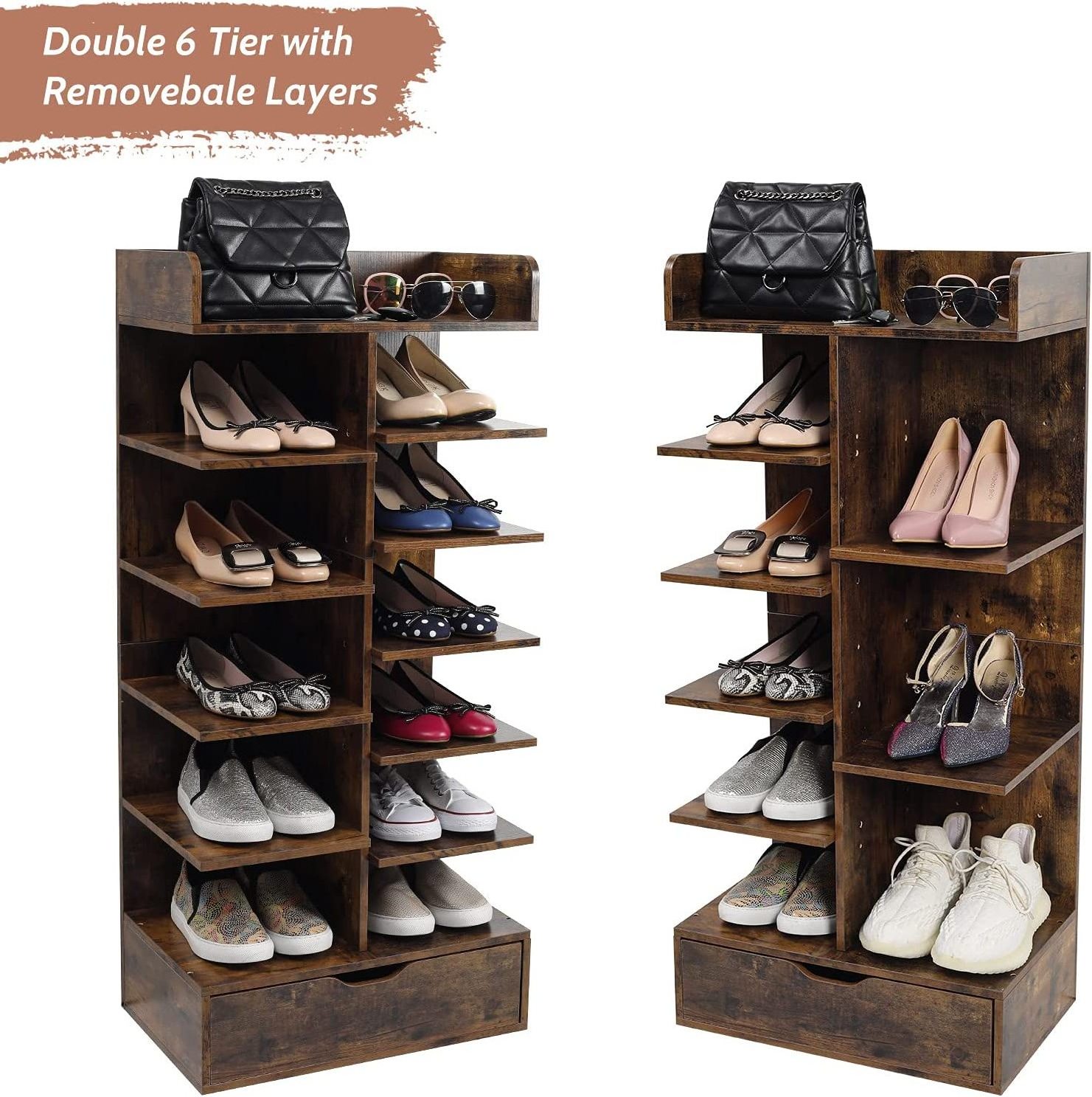 6 Tier Free Standing Entryway Bamboo Shoes Storage Tower Cabinet Wood Shoe Rack Organizer With Drawer