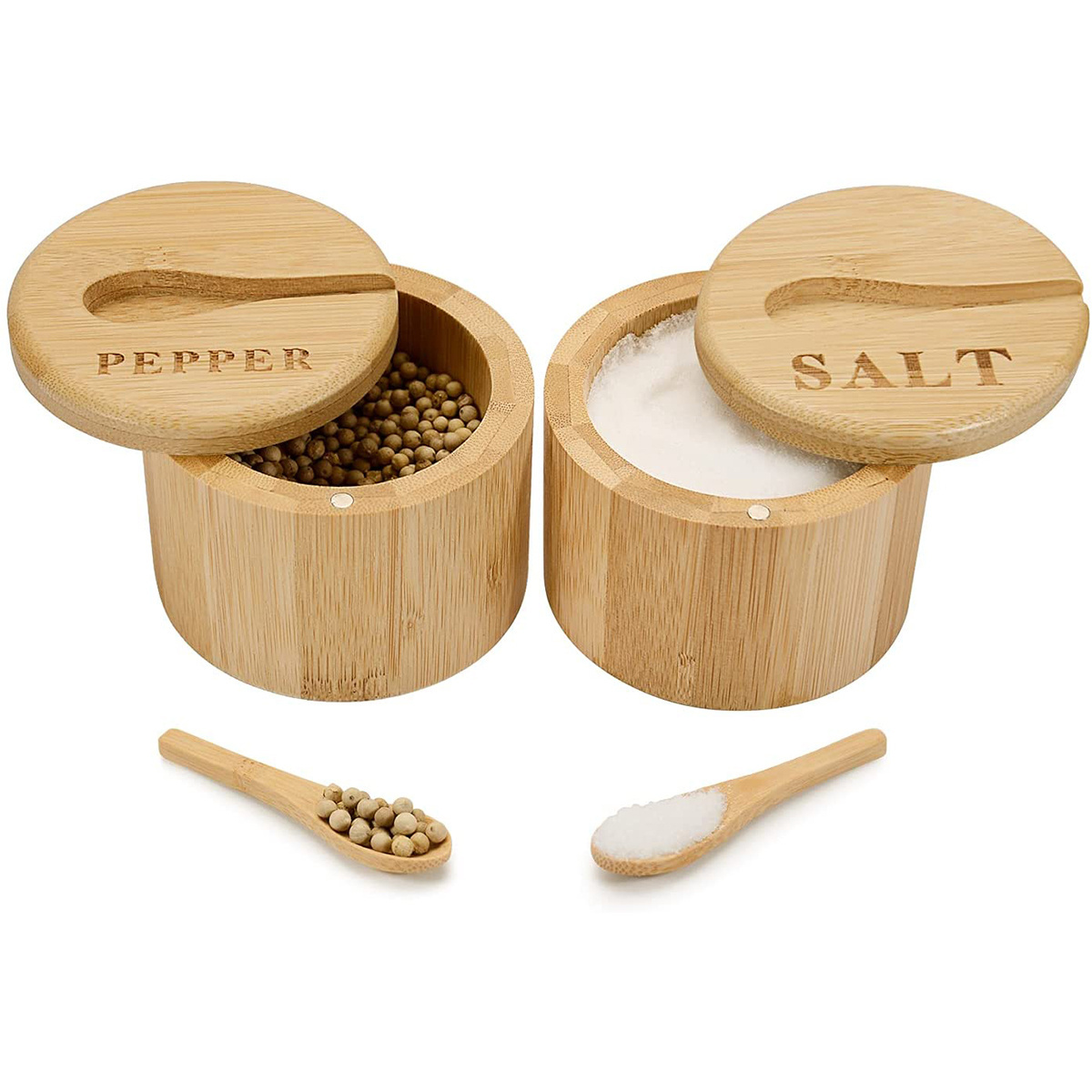 Bamboo Spice Box 2 Piece Bamboo Salt and Pepper Bowls Cellar with Magnetic Swivel Lid and Spoon Kitchen Natural Multifunction