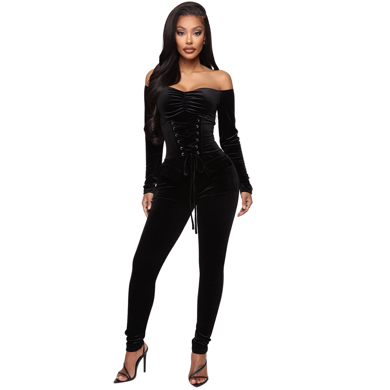 Fall Black Off Shoulder Corsetting Jumpsuit Women Velour Winter Elegant Lace Up Bodycon Sexy Long Sleeve Ladies Jumpsuits