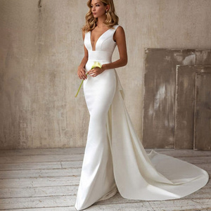 minmin ready to ship high quality fashion v-neck sleeveless sexy white 2023 girl wedding dress wholesale