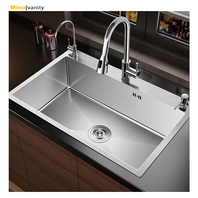 China Free Design Custom 304 Stainless Steel Single Bowl Faucet Kitchen Sink with Two Double 2 Faucets