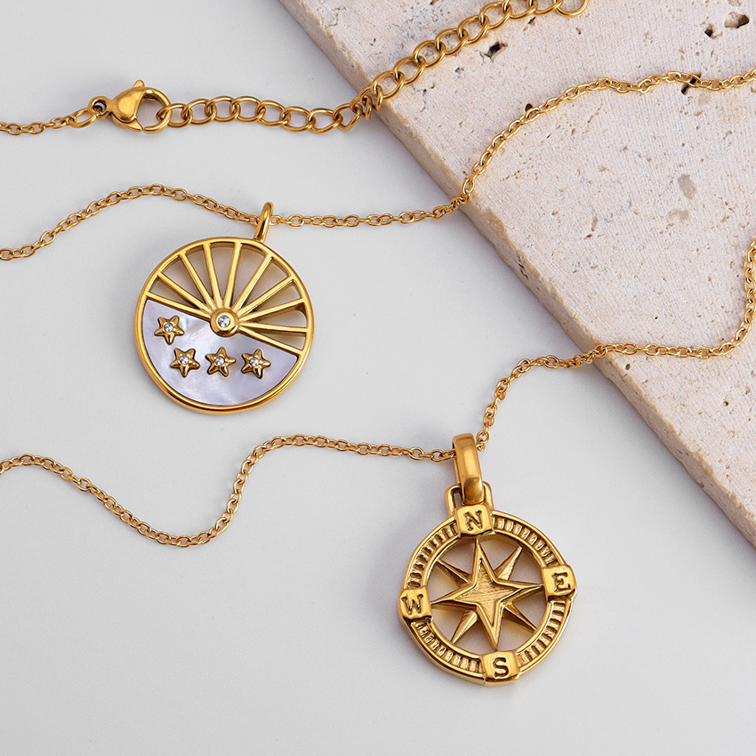 Fashion Necklace Stainless Steel Gold Plated 18k Cable Chain Vintage Necklace Compass North Star Necklace Pendant for Women