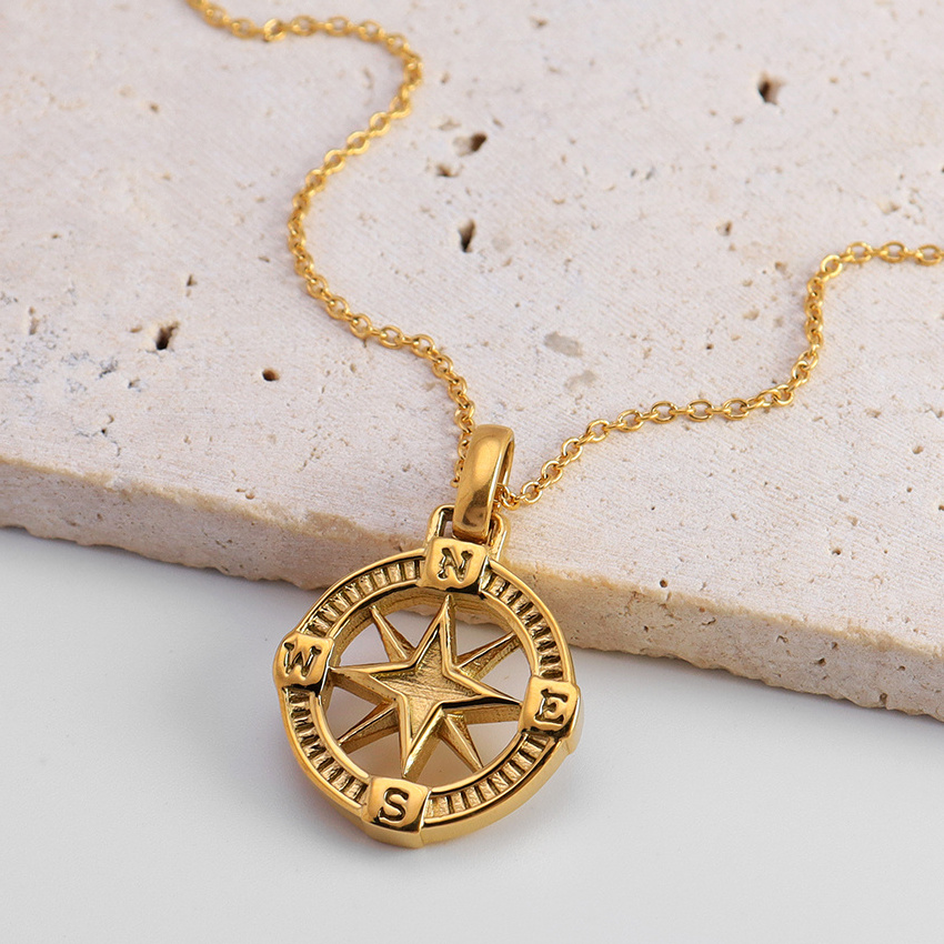 Fashion Necklace Stainless Steel Gold Plated 18k Cable Chain Vintage Necklace Compass North Star Necklace Pendant for Women