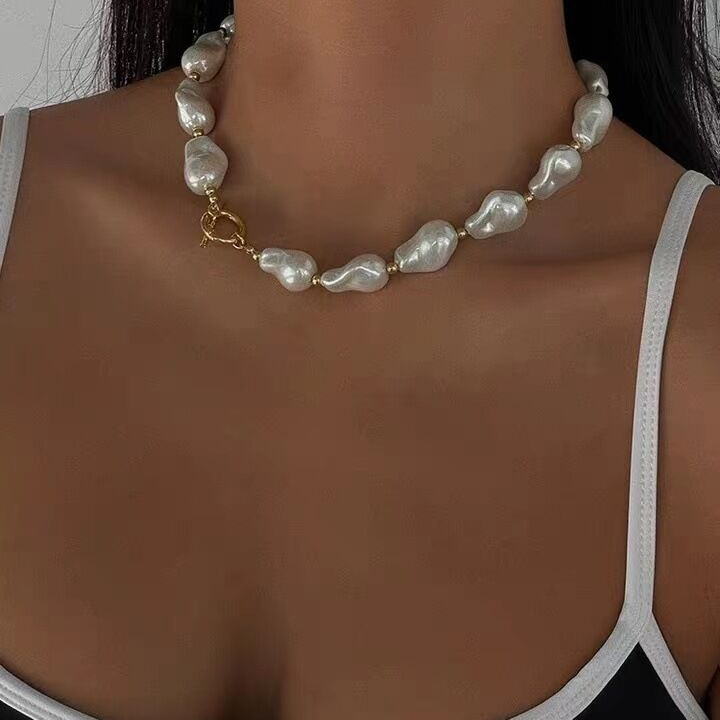 Vintage Inspired Gold Jewelry Big Pearl Necklace Stainless Steel OT Clasp Choker Pearl Necklace Vintage Baroque Pearl Necklace