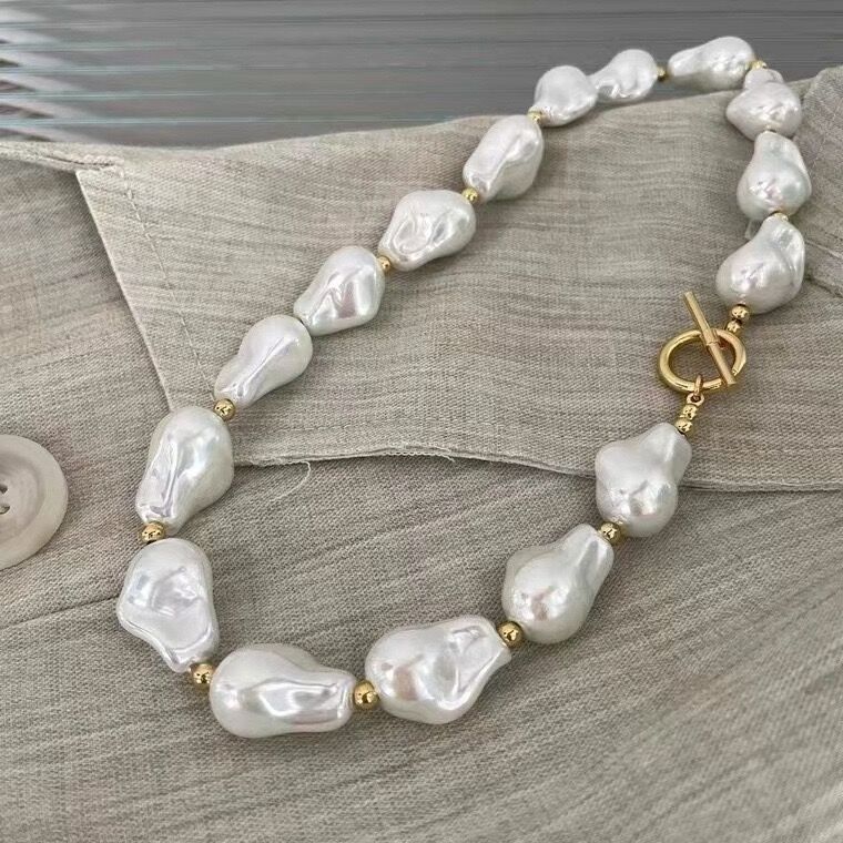 Vintage Inspired Gold Jewelry Big Pearl Necklace Stainless Steel OT Clasp Choker Pearl Necklace Vintage Baroque Pearl Necklace