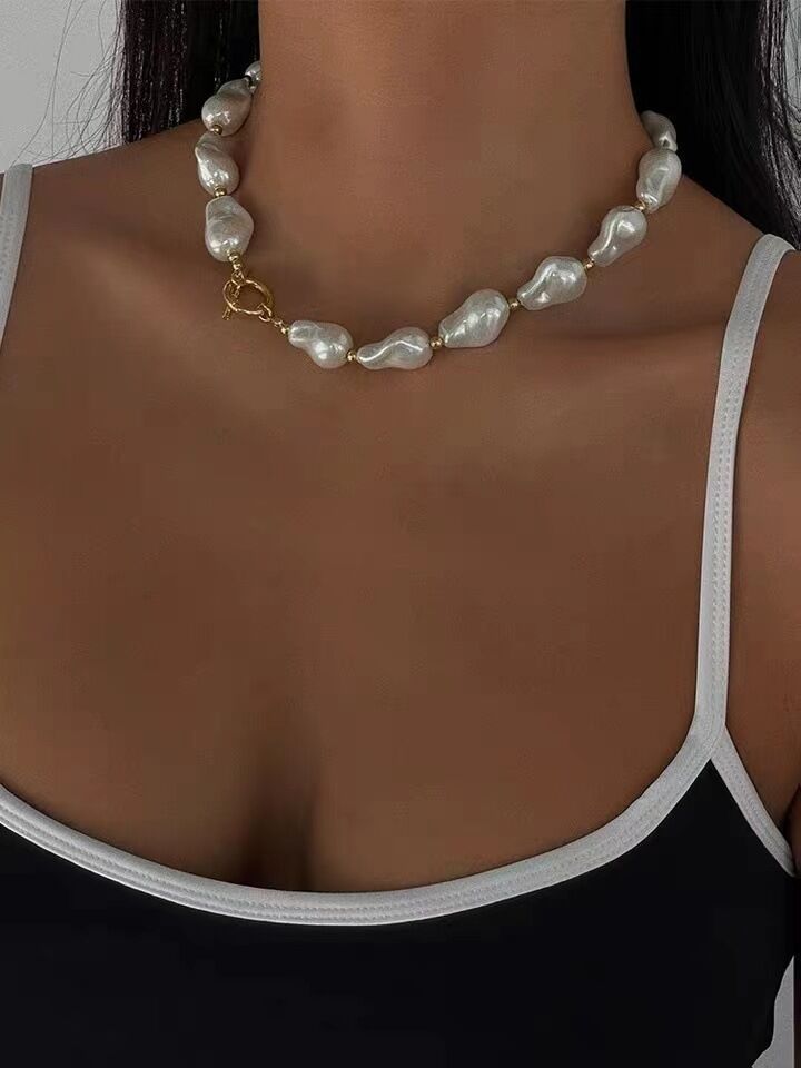 Vintage Inspired Gold Jewelry Big Pearl Necklace Stainless Steel OT Clasp Choker Pearl Necklace Vintage Baroque Pearl Necklace