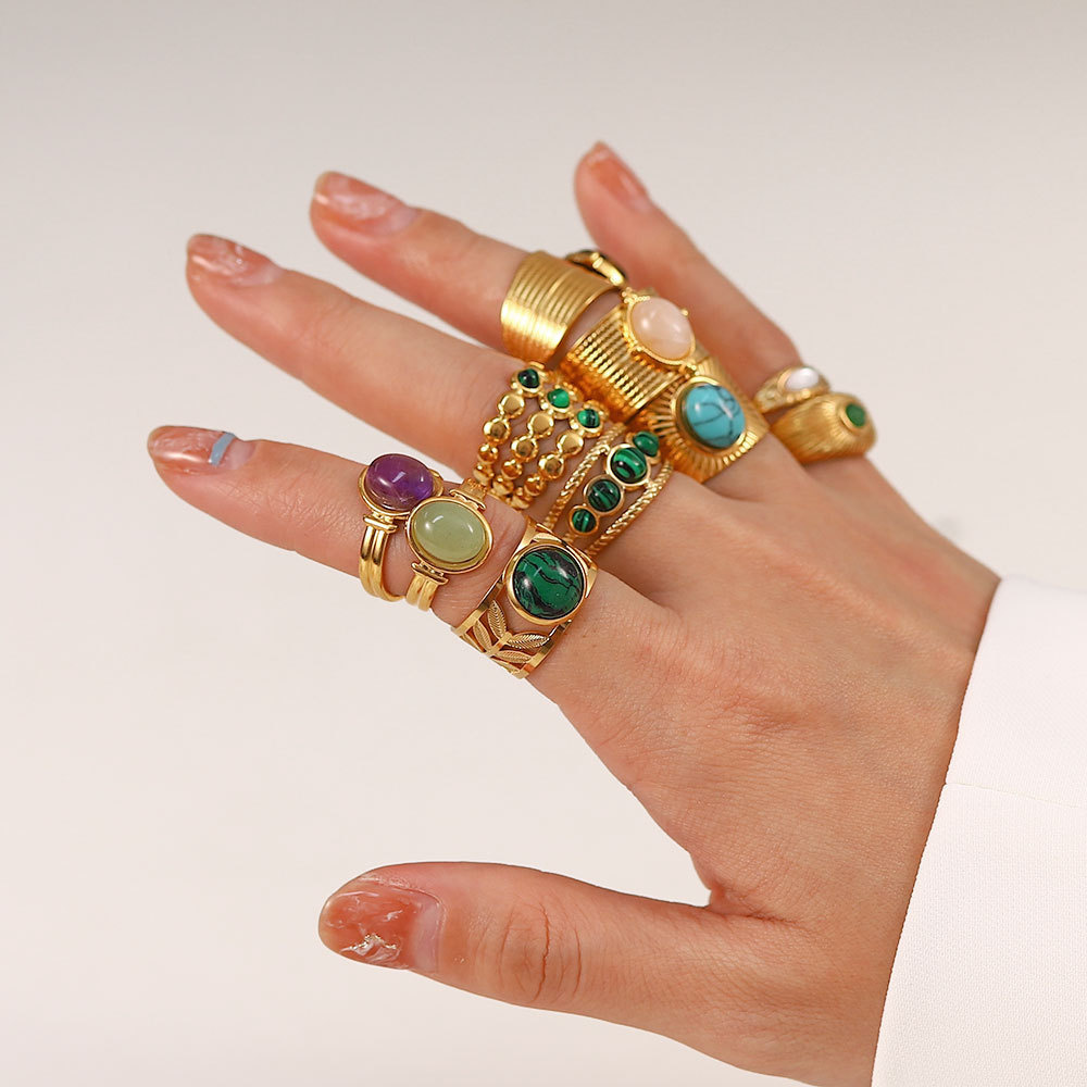 French Retro Irregular Gemstone Rings Set Non Tarnish Stainless Steel Open Ring Emerald Amethyst Turquoise Malachite Jewelry