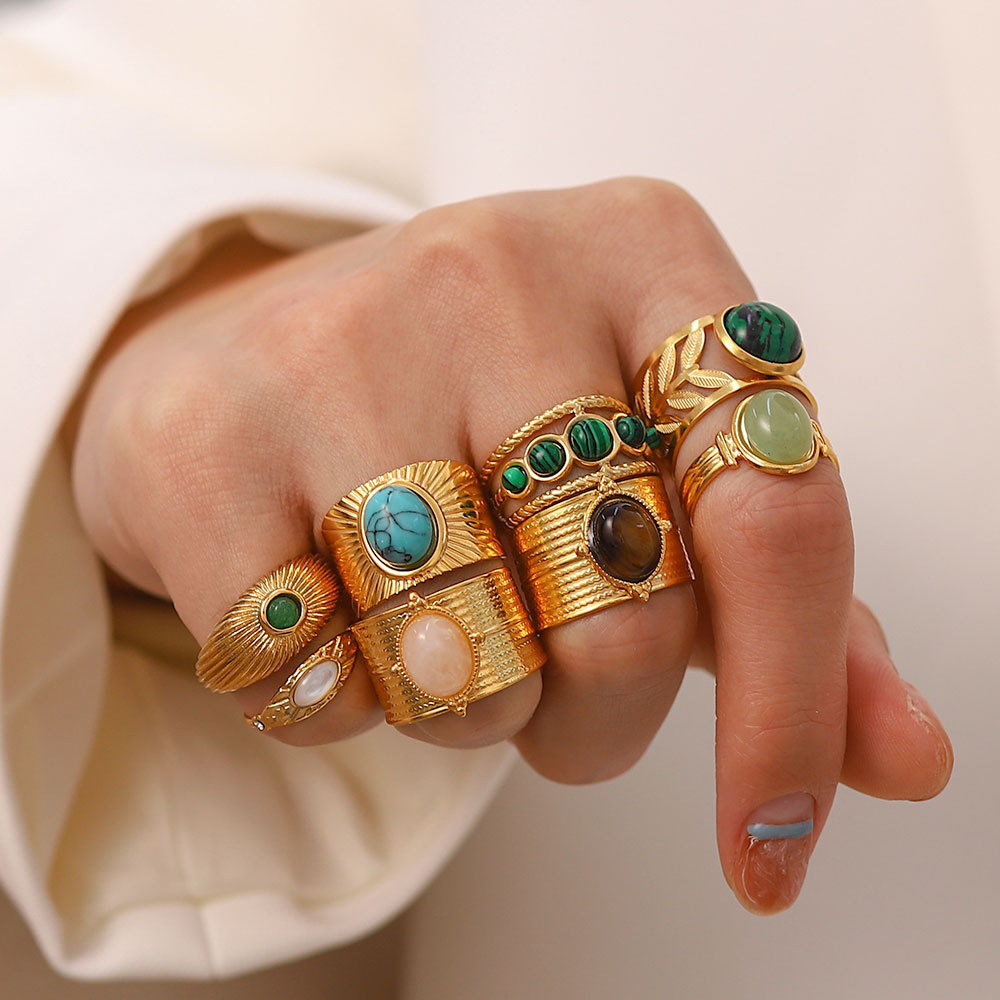 French Retro Irregular Gemstone Rings Set Non Tarnish Stainless Steel Open Ring Emerald Amethyst Turquoise Malachite Jewelry