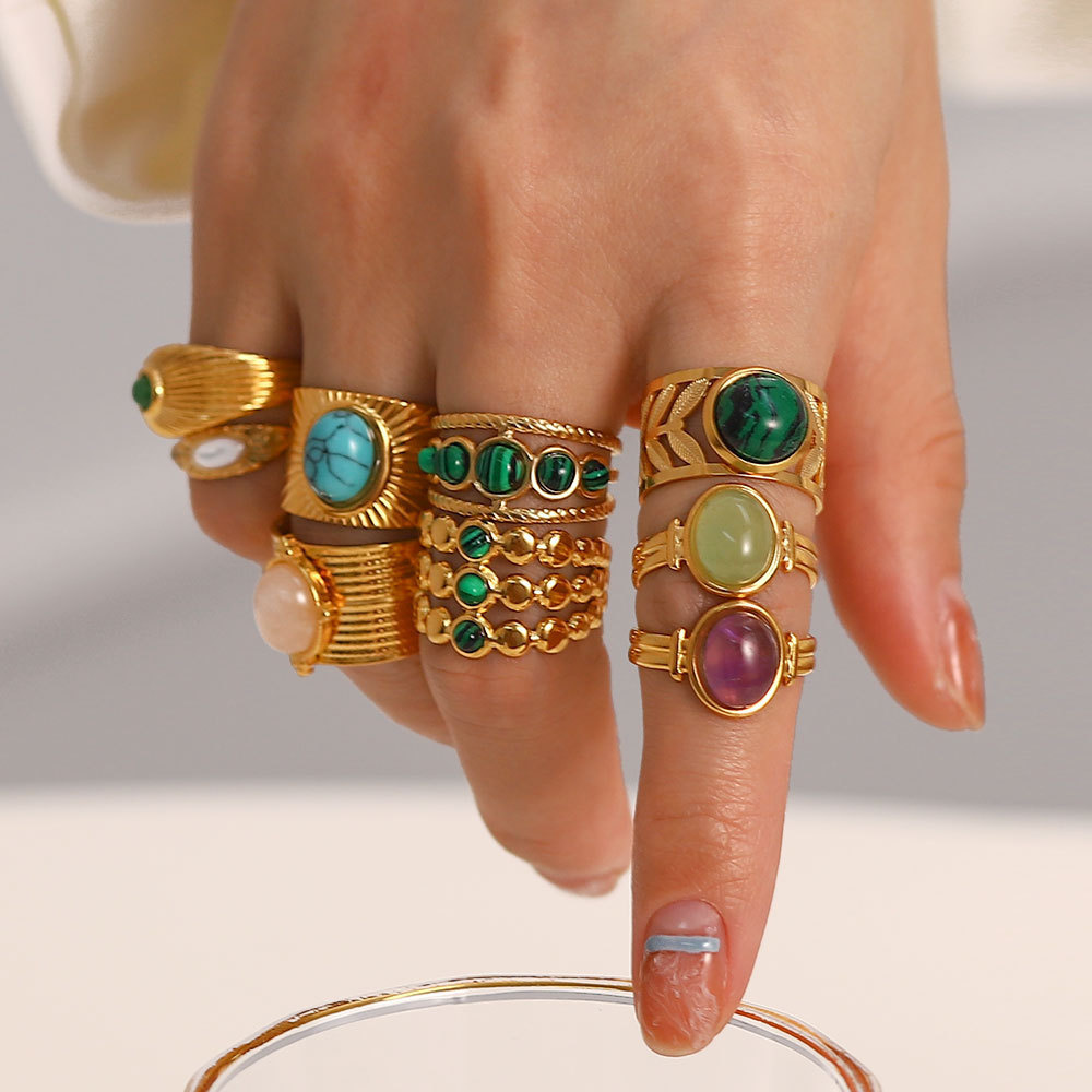 French Retro Irregular Gemstone Rings Set Non Tarnish Stainless Steel Open Ring Emerald Amethyst Turquoise Malachite Jewelry