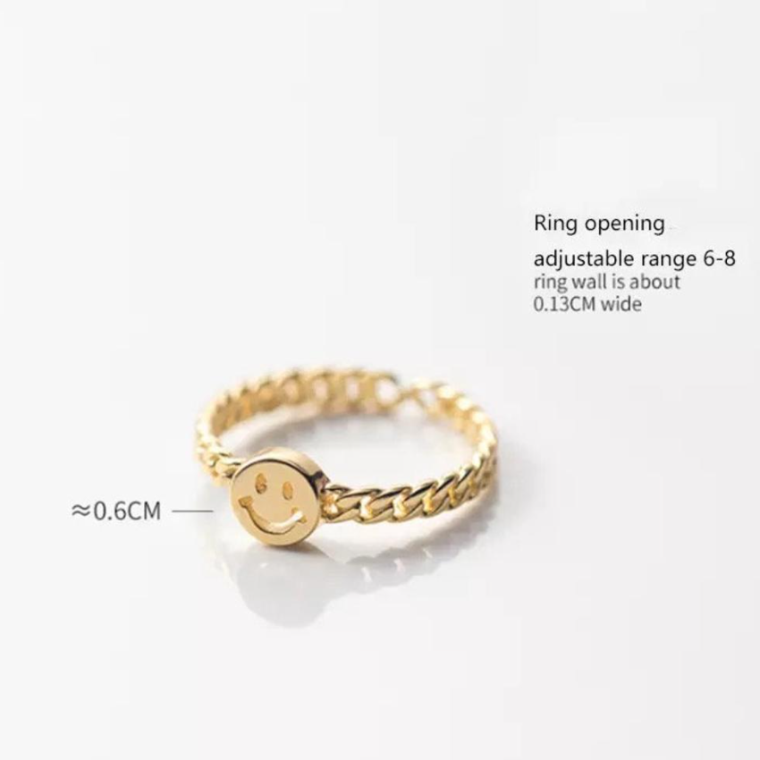 Fashion Jewelry 2021 Smiley Face Curb Chain Ring 18K Gold Plated Stainless Steel Happy Face Smiley Adjustable Open Ring for Gift