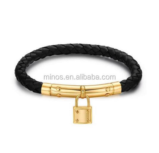 Genuine Leather Braided Bracelet Stainless Steel Magnetic Locking Clasp, Gold Lock Bangle