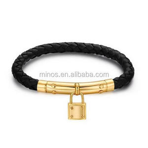 Genuine Leather Braided Bracelet Stainless Steel Magnetic Locking Clasp, Gold Lock Bangle