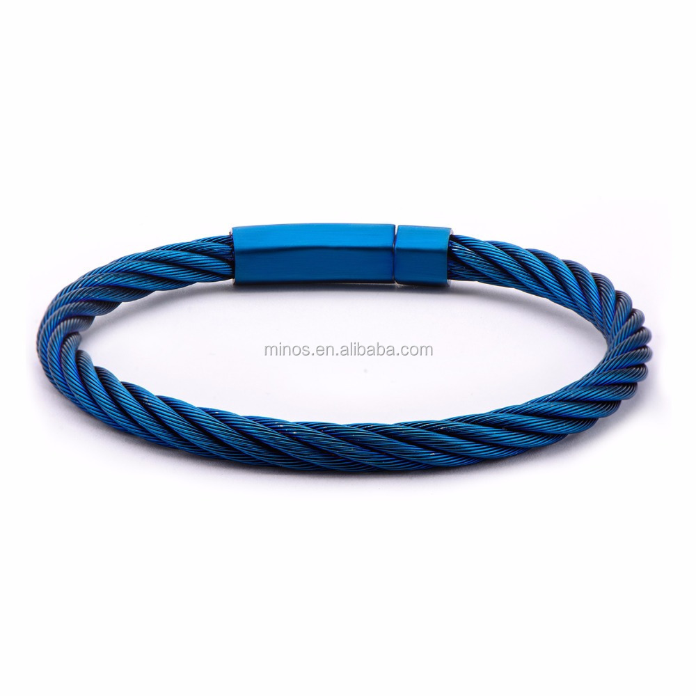 Men's Stainless Steel Extra Large Cable Bracelet with Matte Finished Blue IP Clasp