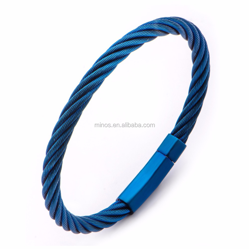 Men's Stainless Steel Extra Large Cable Bracelet with Matte Finished Blue IP Clasp