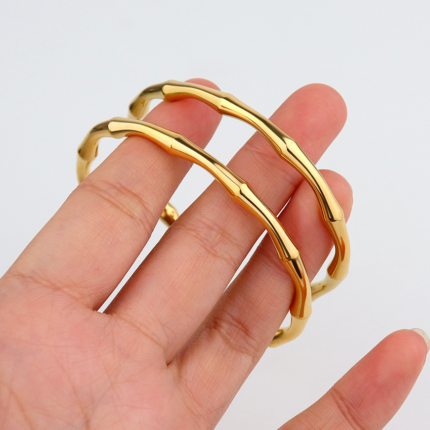 New Stylish Thick Open Bracelet Designer Inspired Jewelry Stainless Steel Waterproof Vintage Gold Bamboo Cuff Bangle Bracelet