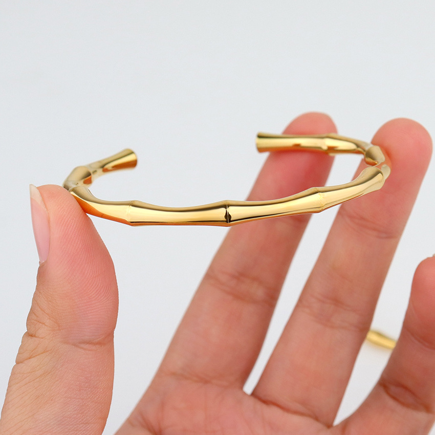 New Stylish Thick Open Bracelet Designer Inspired Jewelry Stainless Steel Waterproof Vintage Gold Bamboo Cuff Bangle Bracelet