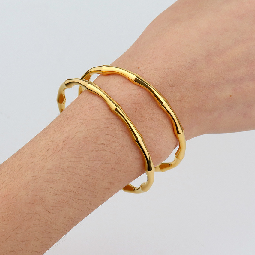 New Stylish Thick Open Bracelet Designer Inspired Jewelry Stainless Steel Waterproof Vintage Gold Bamboo Cuff Bangle Bracelet