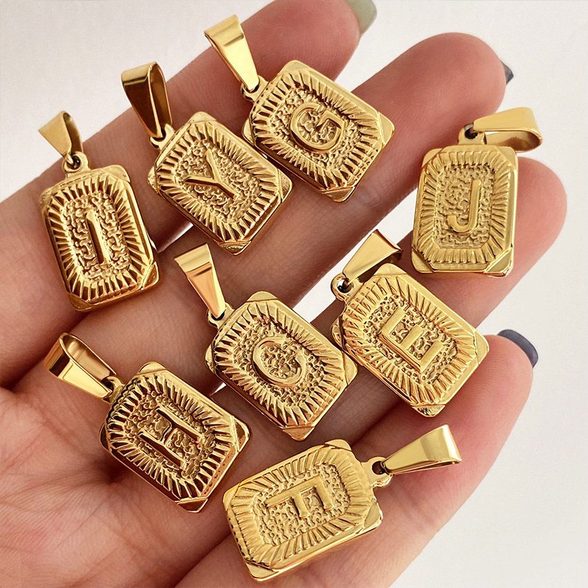 Wholesale Alphabet Letter Rectangle Pendant 18k Gold Plated Charm Waterproof Stainless Steel Personalized Initial Letter Pendant