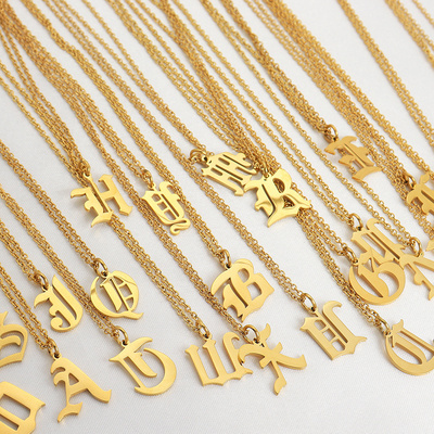 18k Gold Plated Gothic Old English Initial Letter Necklace A-Z Alphabet Necklace Chain Gold Stainless Steel Non Tarnish Jewelry