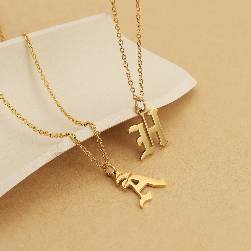 18k Gold Plated Gothic Old English Initial Letter Necklace A-Z Alphabet Necklace Chain Gold Stainless Steel Non Tarnish Jewelry