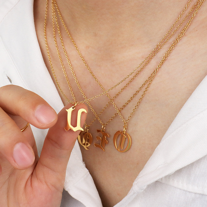 18k Gold Plated Gothic Old English Initial Letter Necklace A-Z Alphabet Necklace Chain Gold Stainless Steel Non Tarnish Jewelry