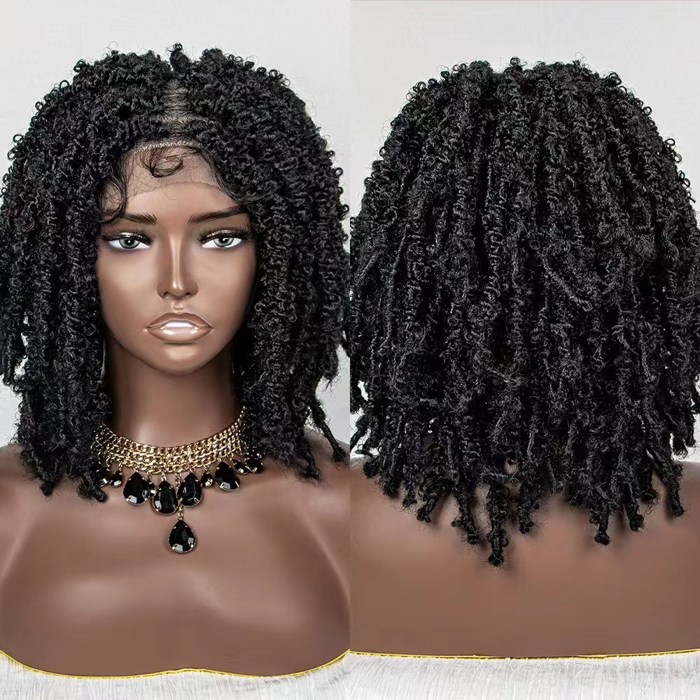 Synthetic Lace Front Wig Braided Wigs Dreadlock 14 inches Short Twist for Black Women Men Afro Curly Synthetic Wig