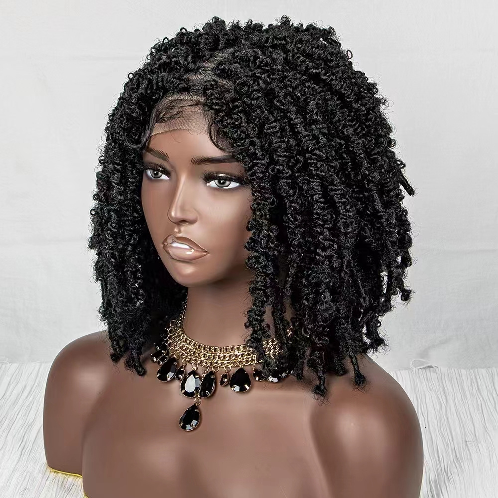 Synthetic Lace Front Wig Braided Wigs Dreadlock 14 inches Short Twist for Black Women Men Afro Curly Synthetic Wig