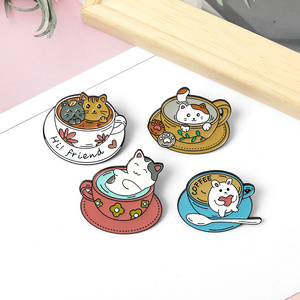 Hot sale coffee cup brooches lovely lapel pin cartoon animal kitten enamel badge pin