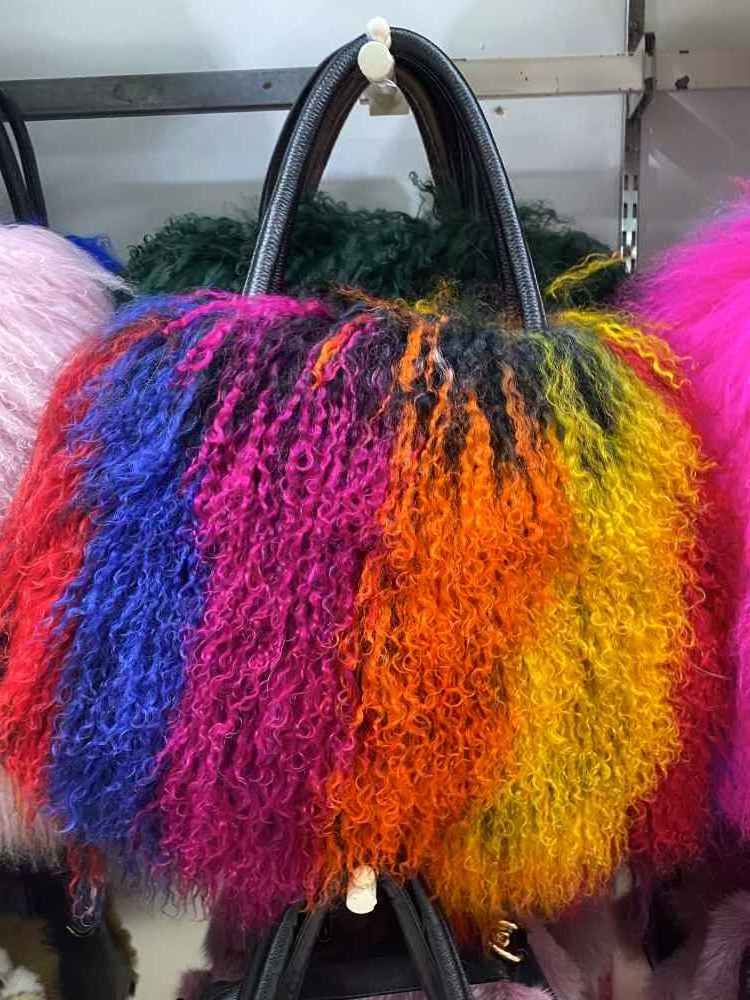 MWfur Mongolian Lamb Handbag Korean Style Fashion Curly Long Hair Furry Tote Bag Lamb Fur Bags for Women