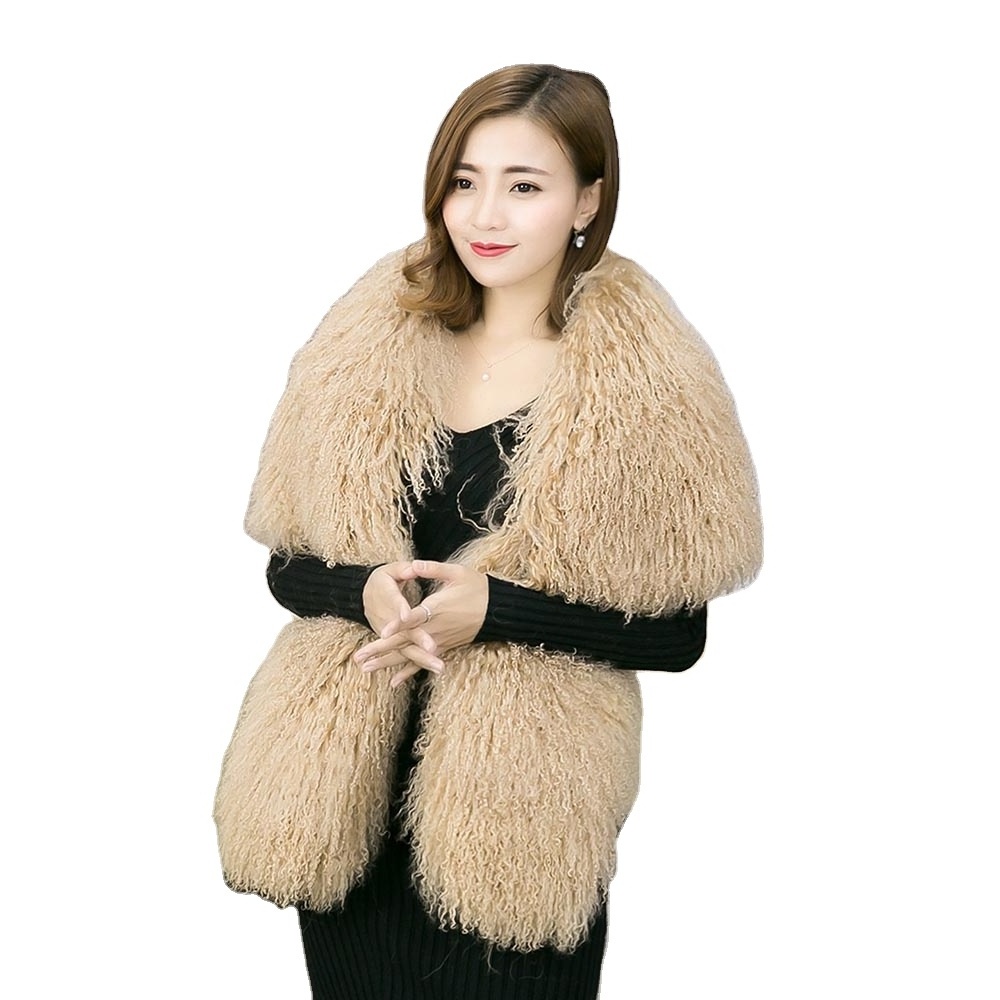 Fashion Mongolian Lamb Fur Shawl Fluffy Long Scarf Tibet Lamb Fur Stole Cape with Sleeves