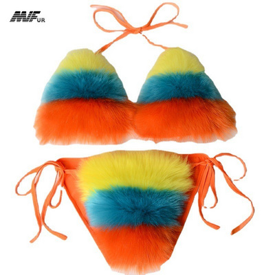 Women Sexy Swim Suit Genuine Fluffy Real Fox Fur Bikini Set Girls Fox Fur Underwear Natural Fur Bikini