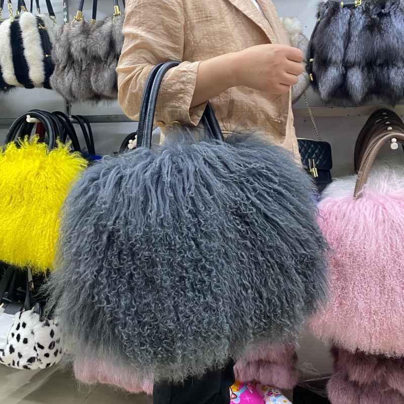 MWfur Mongolian Lamb Handbag Korean Style Fashion Curly Long Hair Furry Tote Bag Lamb Fur Bags for Women