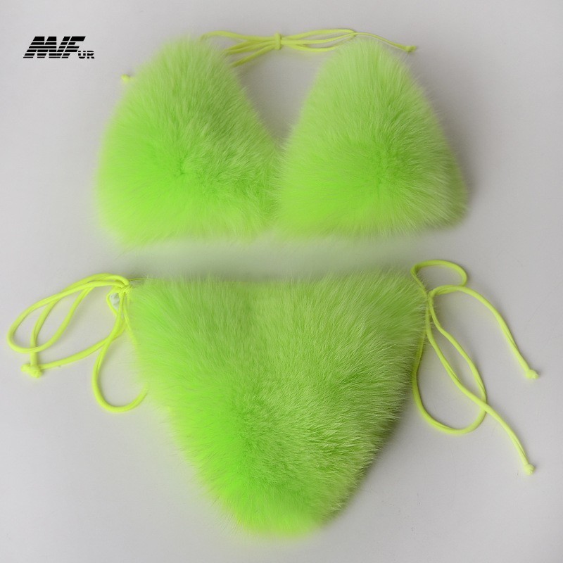 Women Sexy Swim Suit Genuine Fluffy Real Fox Fur Bikini Set Girls Fox Fur Underwear Natural Fur Bikini