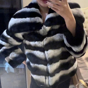 MWFur Winter Women Short Fur Jacket with Collar Luxury Chinchilla Design Rex Rabbit Fur Coat for Lady