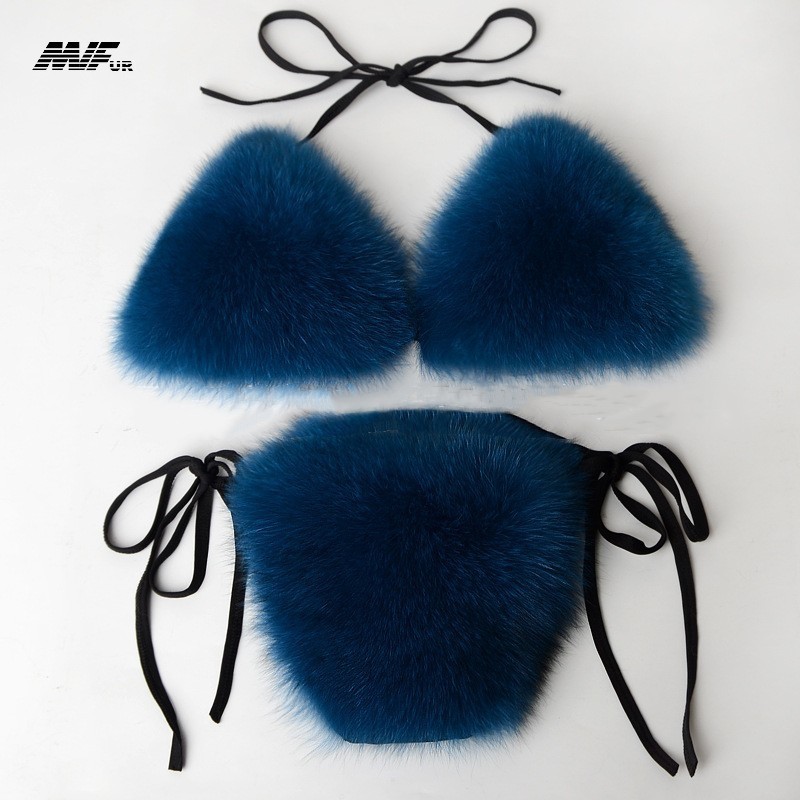 Women Sexy Swim Suit Genuine Fluffy Real Fox Fur Bikini Set Girls Fox Fur Underwear Natural Fur Bikini