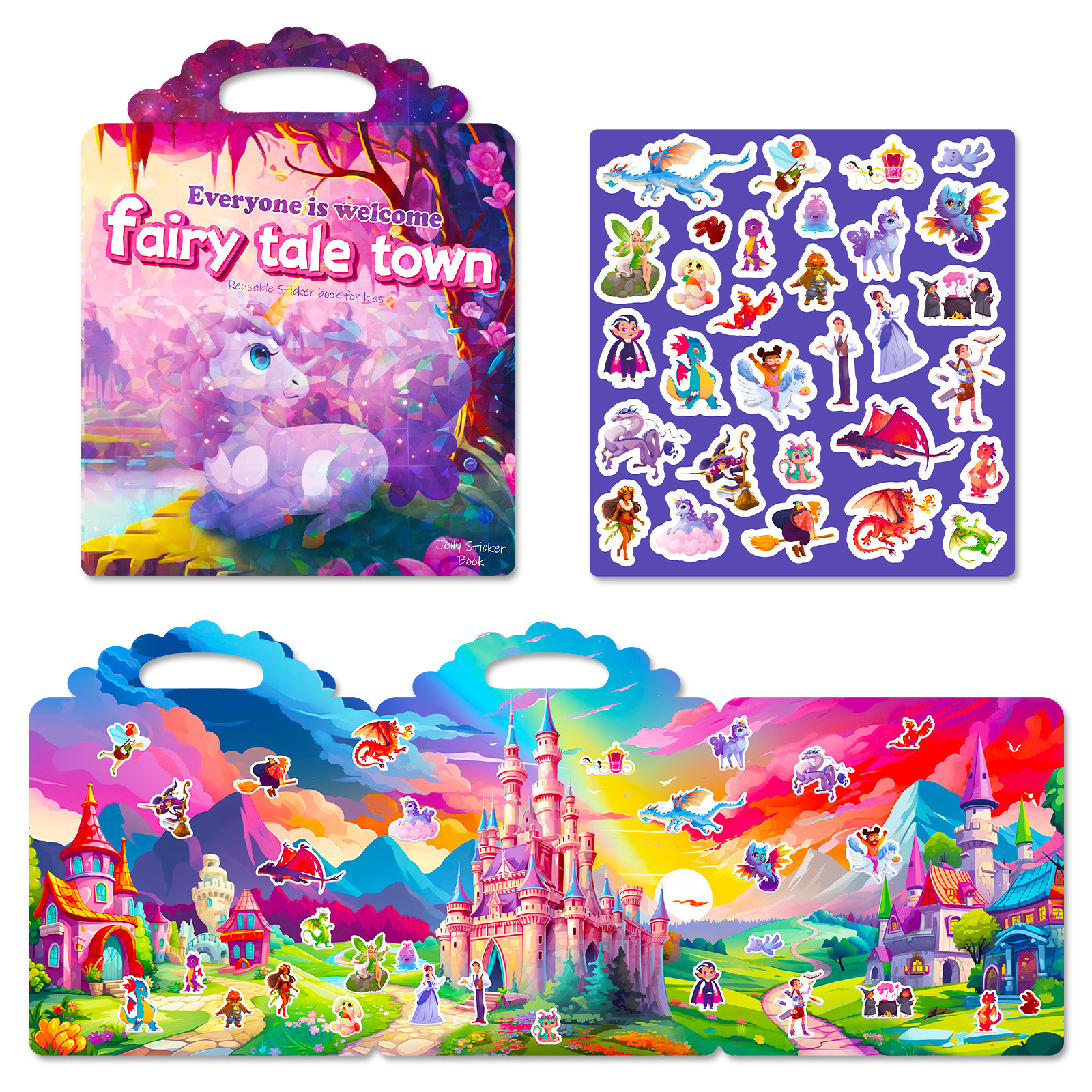 Custom Hot selling Laser Cover Fairy Tale Town Children Quiet Book Reusable Sticker Book Collecting