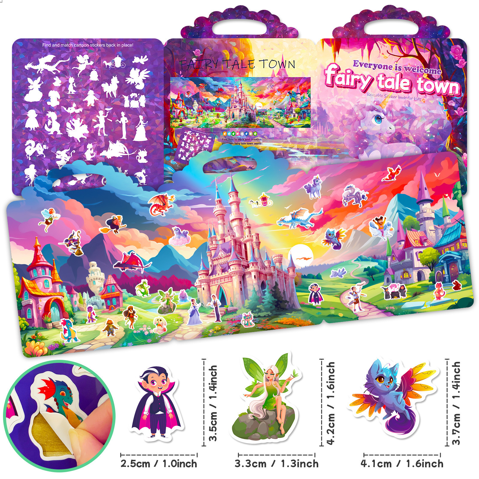 Custom Hot selling Laser Cover Fairy Tale Town Children Quiet Book Reusable Sticker Book Collecting