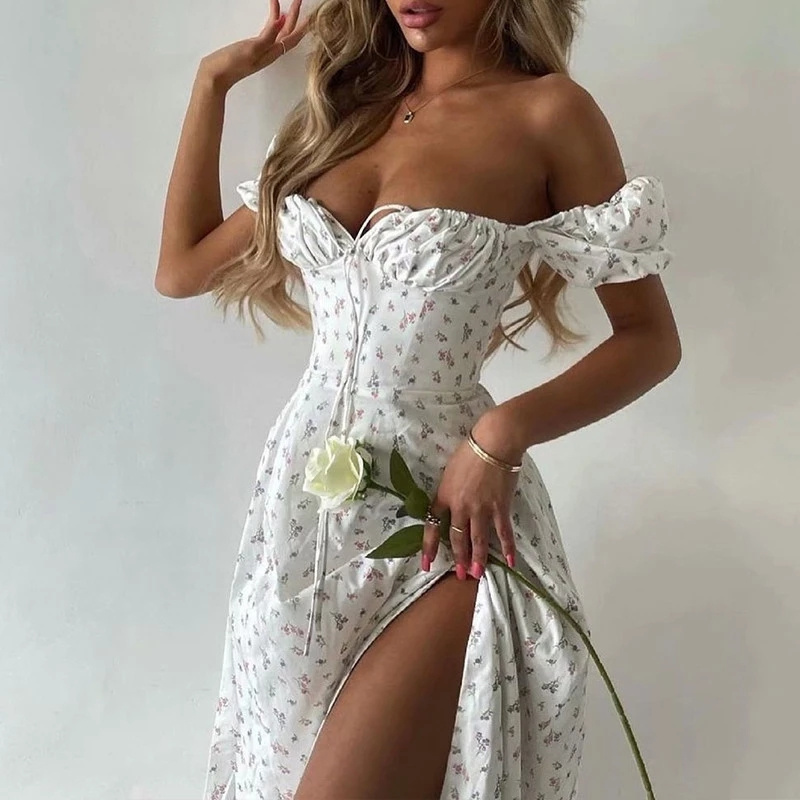 Summer Dress Women Short Puff Sleeve Printed Ruched Party High Split Long Maxi Dresses Drawstring Sexy Vestidos Sundress