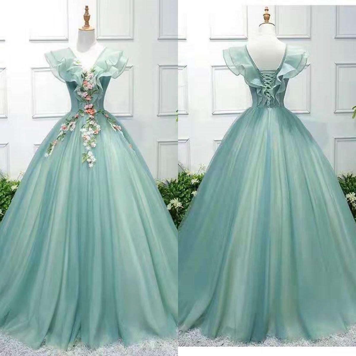 High Quality 3D Flower Appliques Tulle Ball Gown A-line Deep V-neck Formal Evening Party Dress for Women 2023