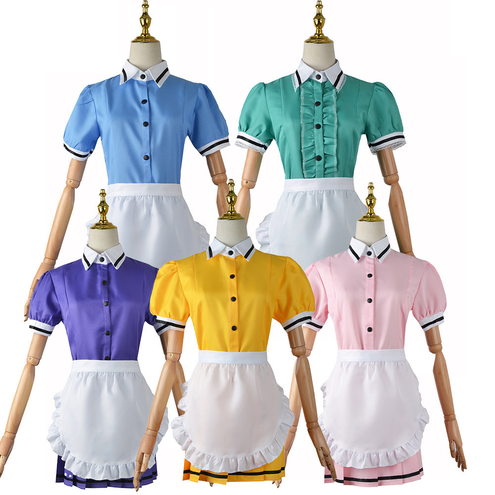 2022 New Coffee shop Servant Costume Pink Blue Lolita Sexy Dress with Apron Bow Headband Waitress Cosplay Costume for Girls