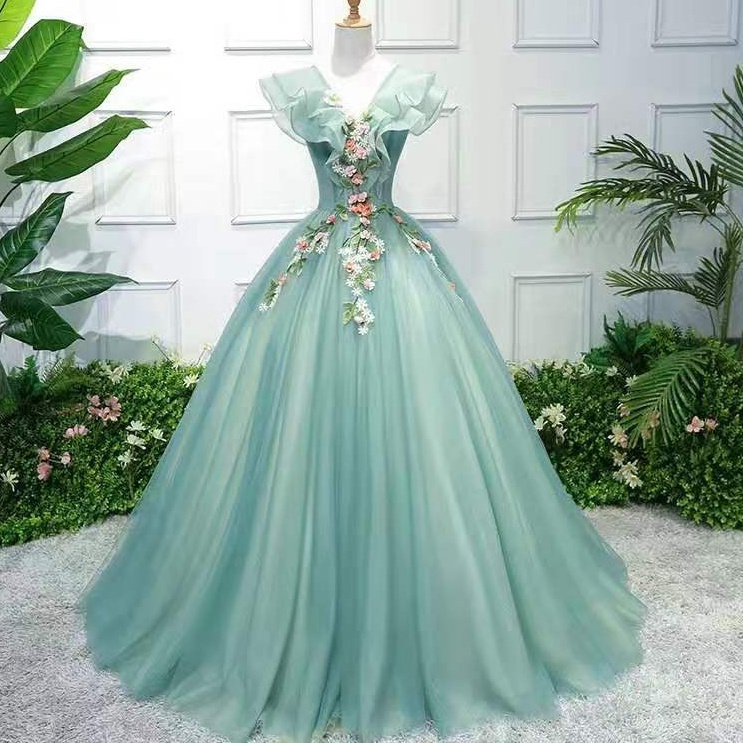 High Quality 3D Flower Appliques Tulle Ball Gown A-line Deep V-neck Formal Evening Party Dress for Women 2023