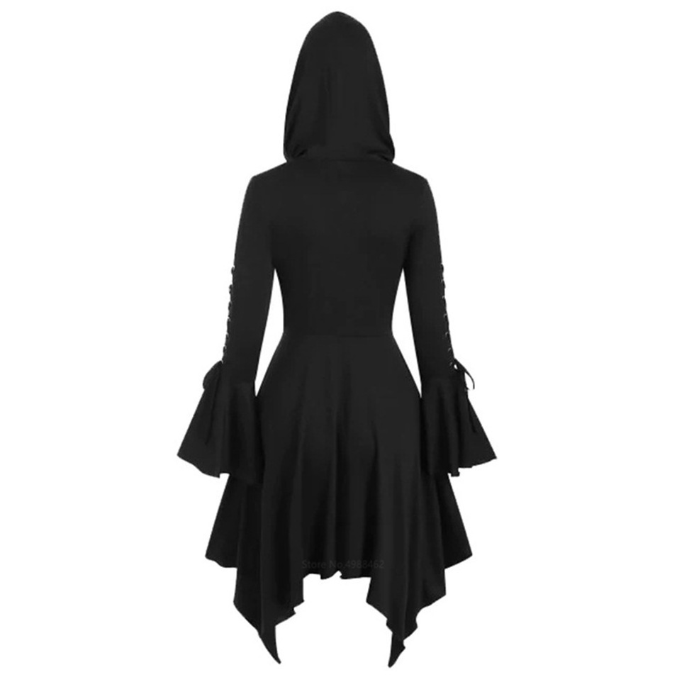 Coldker Renaissance Black Cloak Medieval Cosplay Gothic Costumes for Women Dress Witch Middle Ages Clothing Hooded Dress