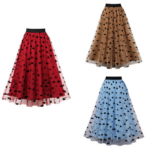 Autumn Casual Women Heart Print Mesh Tulle Skirt High Elastic Waist Blue Brown Vintage 50s 60s Swing A Line Skirts