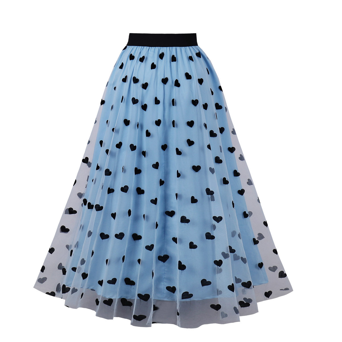 Autumn Casual Women Heart Print Mesh Tulle Skirt High Elastic Waist Blue Brown Vintage 50s 60s Swing A Line Skirts